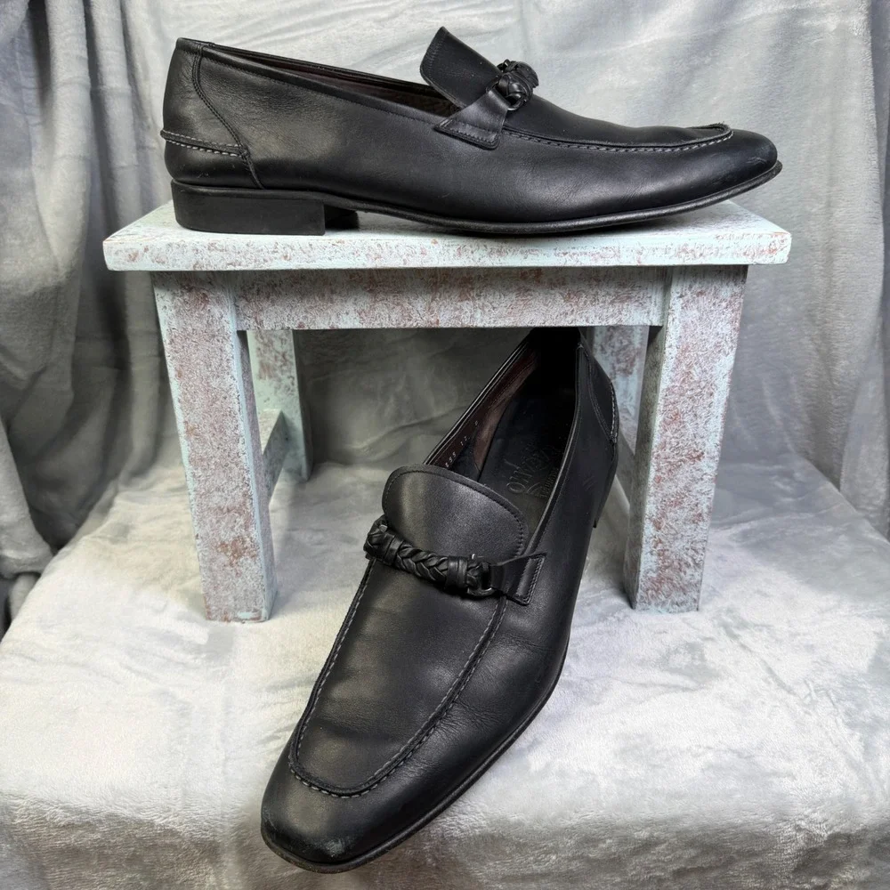 Salvatore Ferragamo Loafers Mens 13 Black Leather Braided Gancini Made in Italy